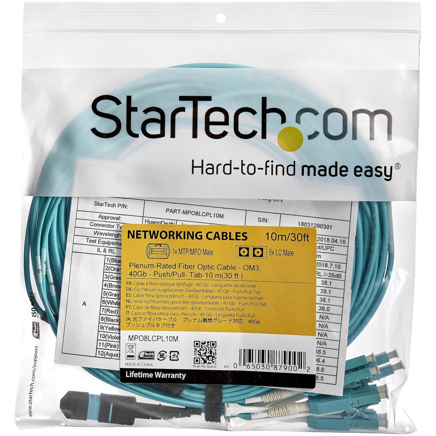 StarTech.com 10m (30ft) MTP(F)/PC to 4x LC/PC Duplex Breakout OM3 Multimode Fiber Optic Cable OFNP 40G 8F Type-A