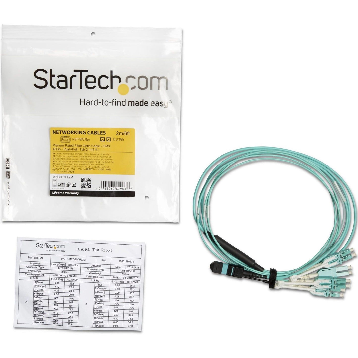 StarTech.com 2m (6ft) MTP(F)/PC to 4x LC/PC Duplex Breakout OM3 Multimode Fiber Optic Cable OFNP 40G 8F Type-A