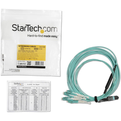 StarTech.com 5m (15ft) MTP(F)/PC to 4x LC/PC Duplex Breakout OM3 Multimode Fiber Optic Cable OFNP 40G 8F Type-A