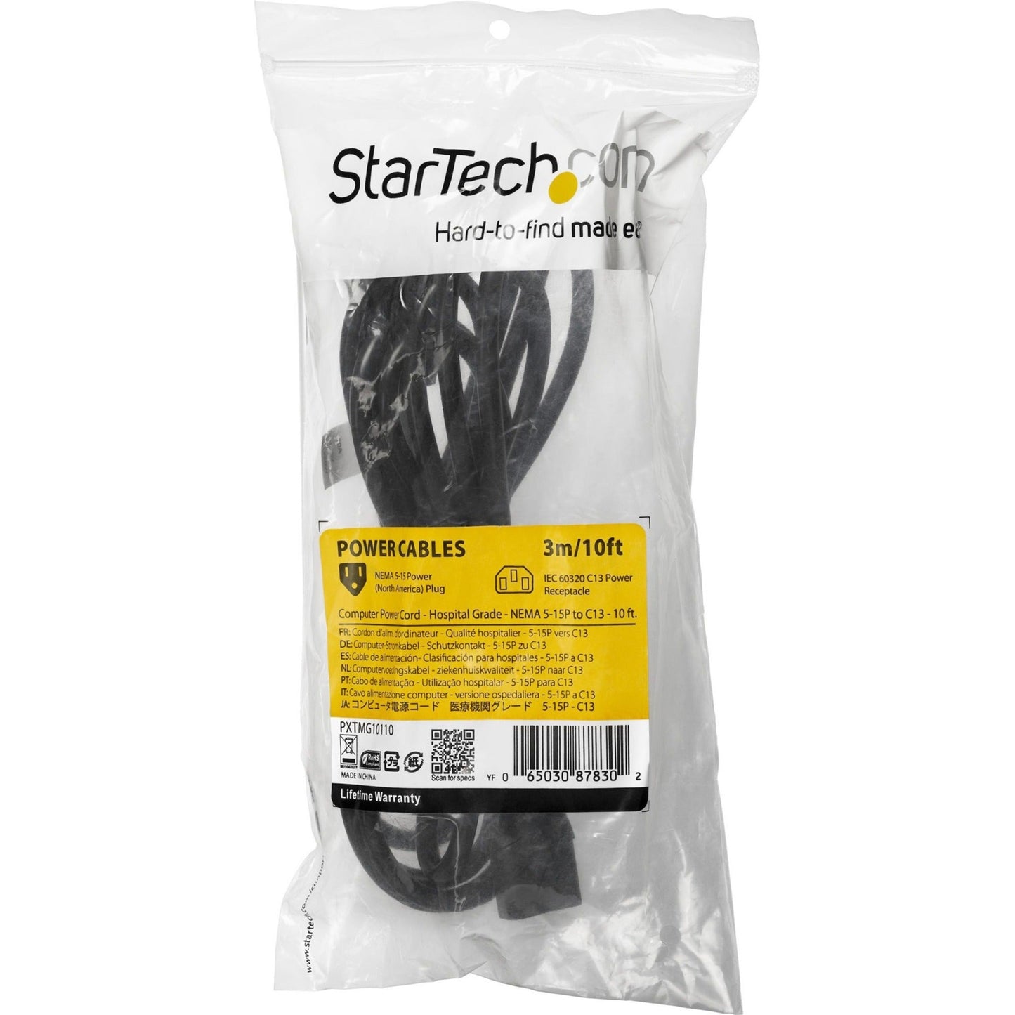 StarTech.com 10ft (3m) Hospital Grade Power Cord 18AWG NEMA 5-15P to C13 10A 125V Green Dot Medical Power Cable Monitor Power Cable