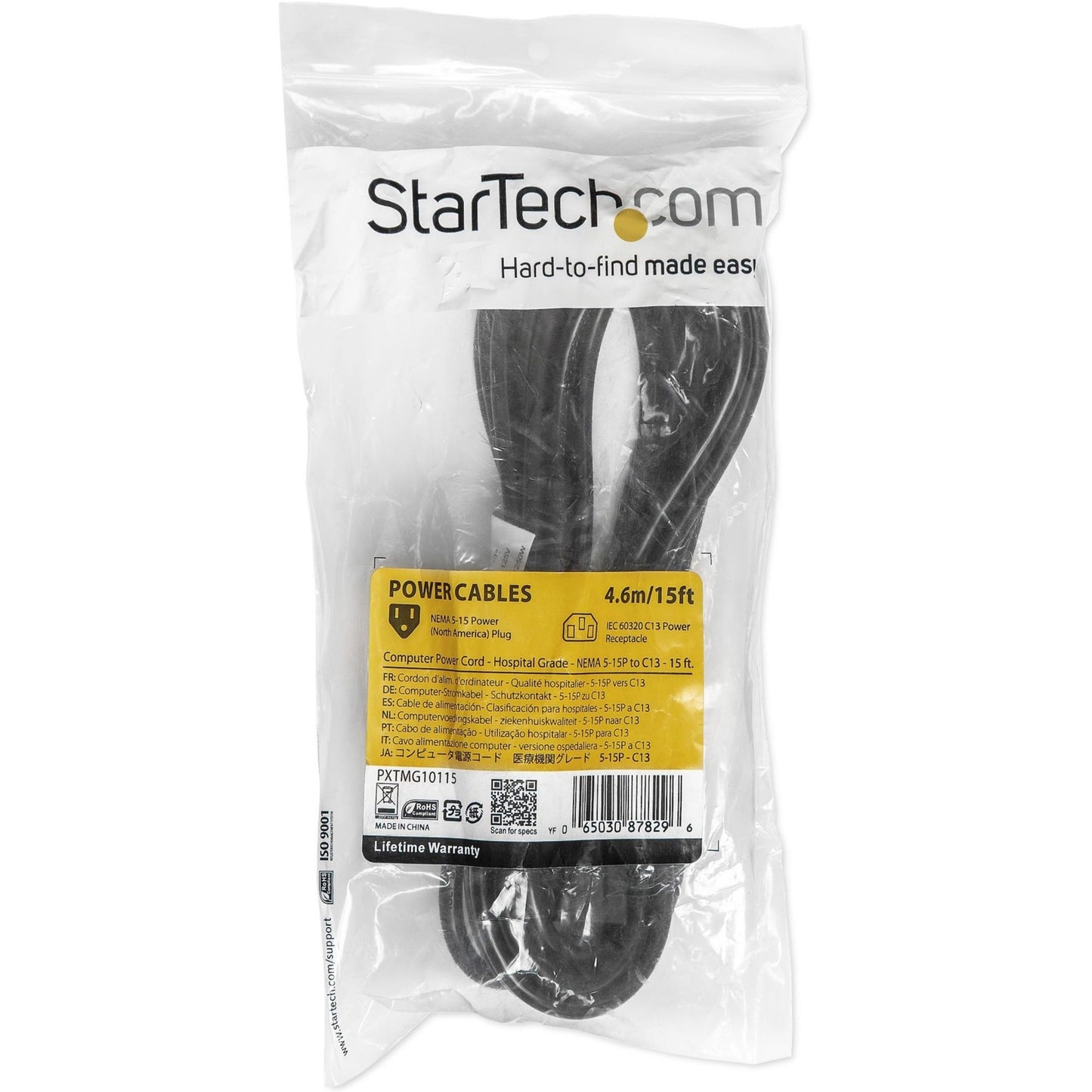 StarTech.com 15ft (4.5m) Hospital Grade Power Cord 18AWG NEMA 5-15P to C13 10A 125V Green Dot Medical Power Cable Monitor Power Cable