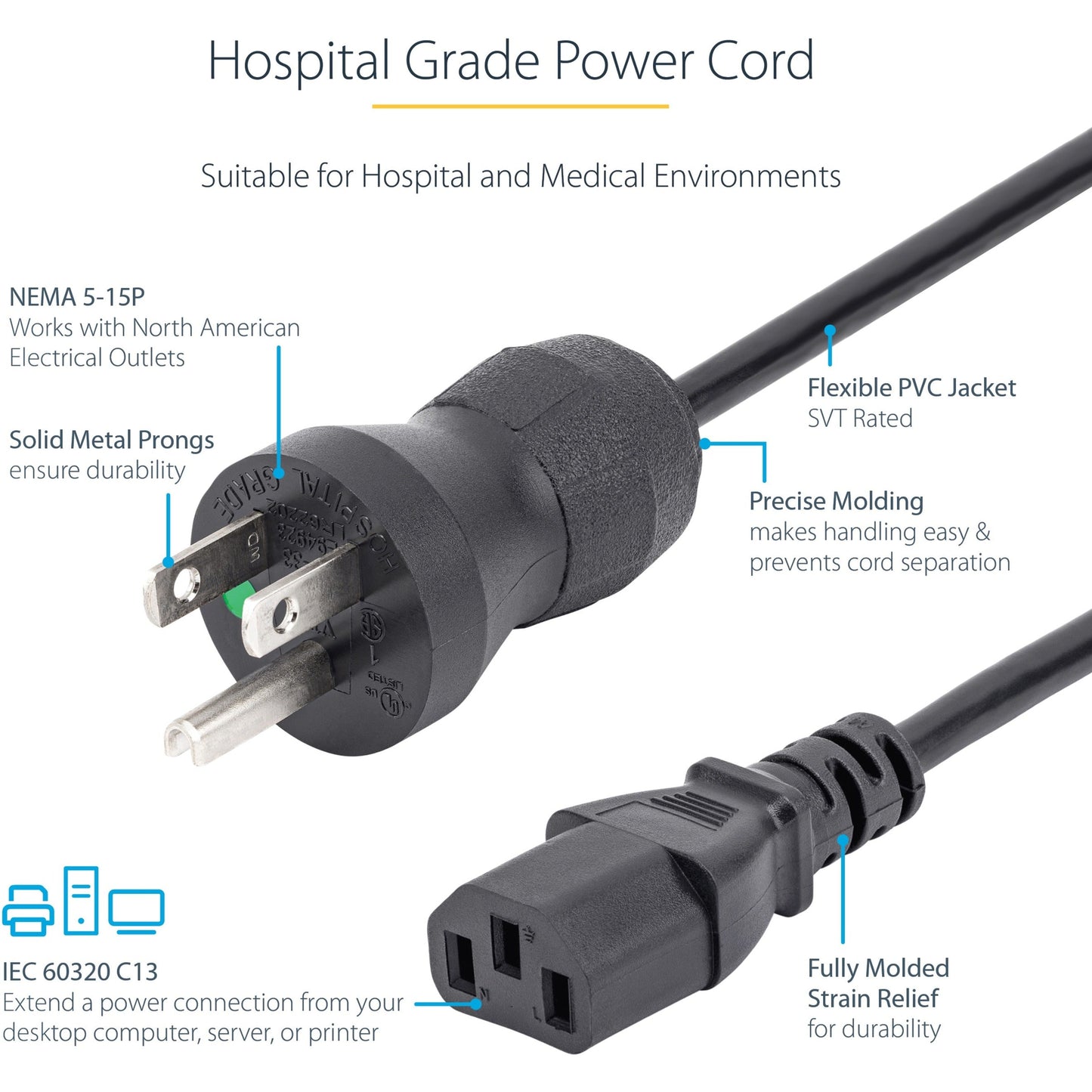 StarTech.com 6ft (2m) Hospital Grade Power Cord 18AWG NEMA 5-15P to C13 10A 125V Green Dot Medical Power Cable Monitor Power Cable
