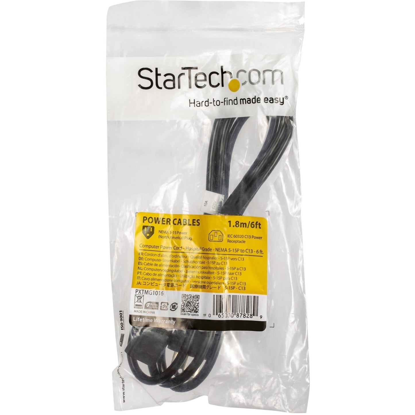StarTech.com 6ft (2m) Hospital Grade Power Cord 18AWG NEMA 5-15P to C13 10A 125V Green Dot Medical Power Cable Monitor Power Cable