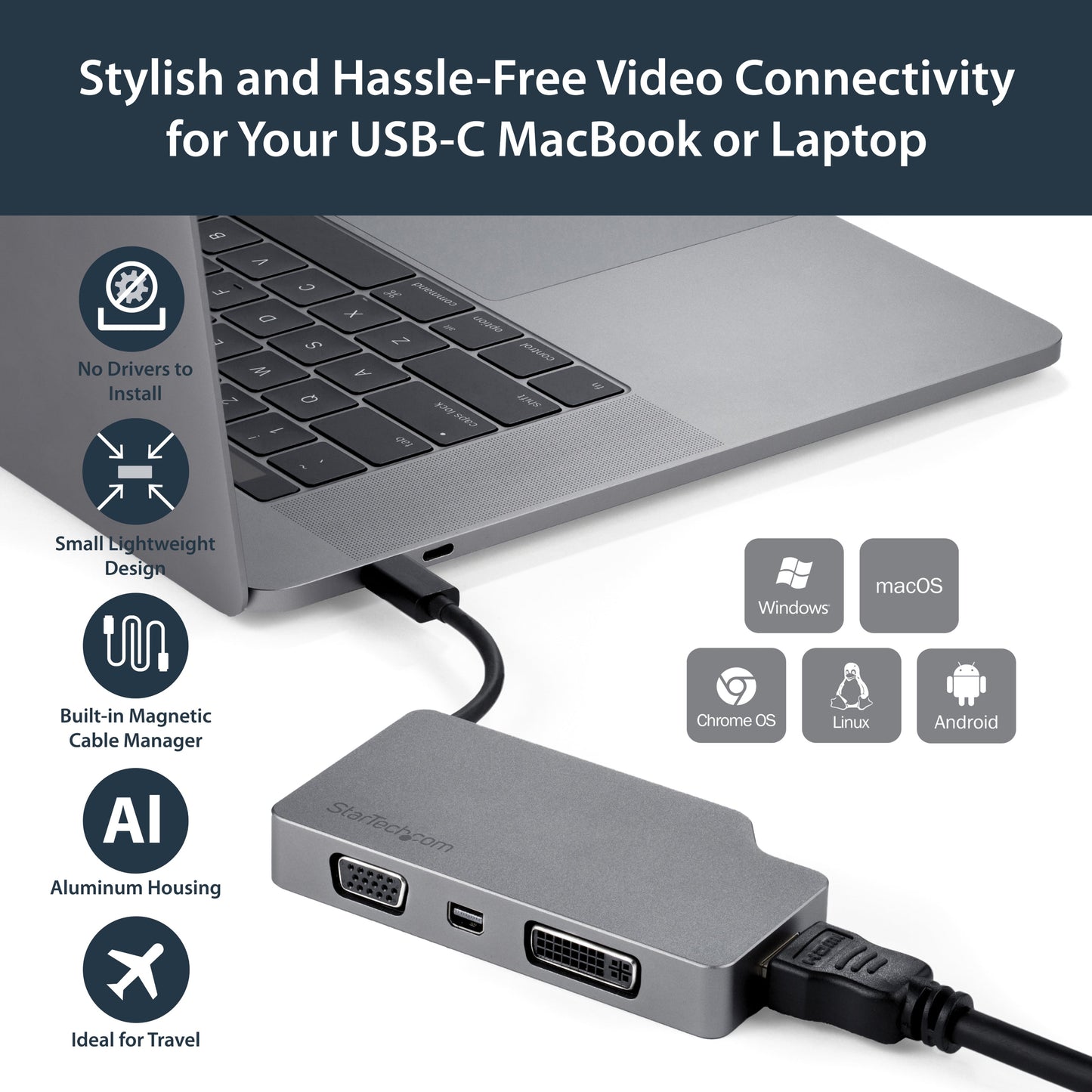 StarTech.com USB C Multiport Video Adapter 4K/1080p - USB Type C to HDMI VGA DVI or Mini DisplayPort Monitor Adapter - Space Gray