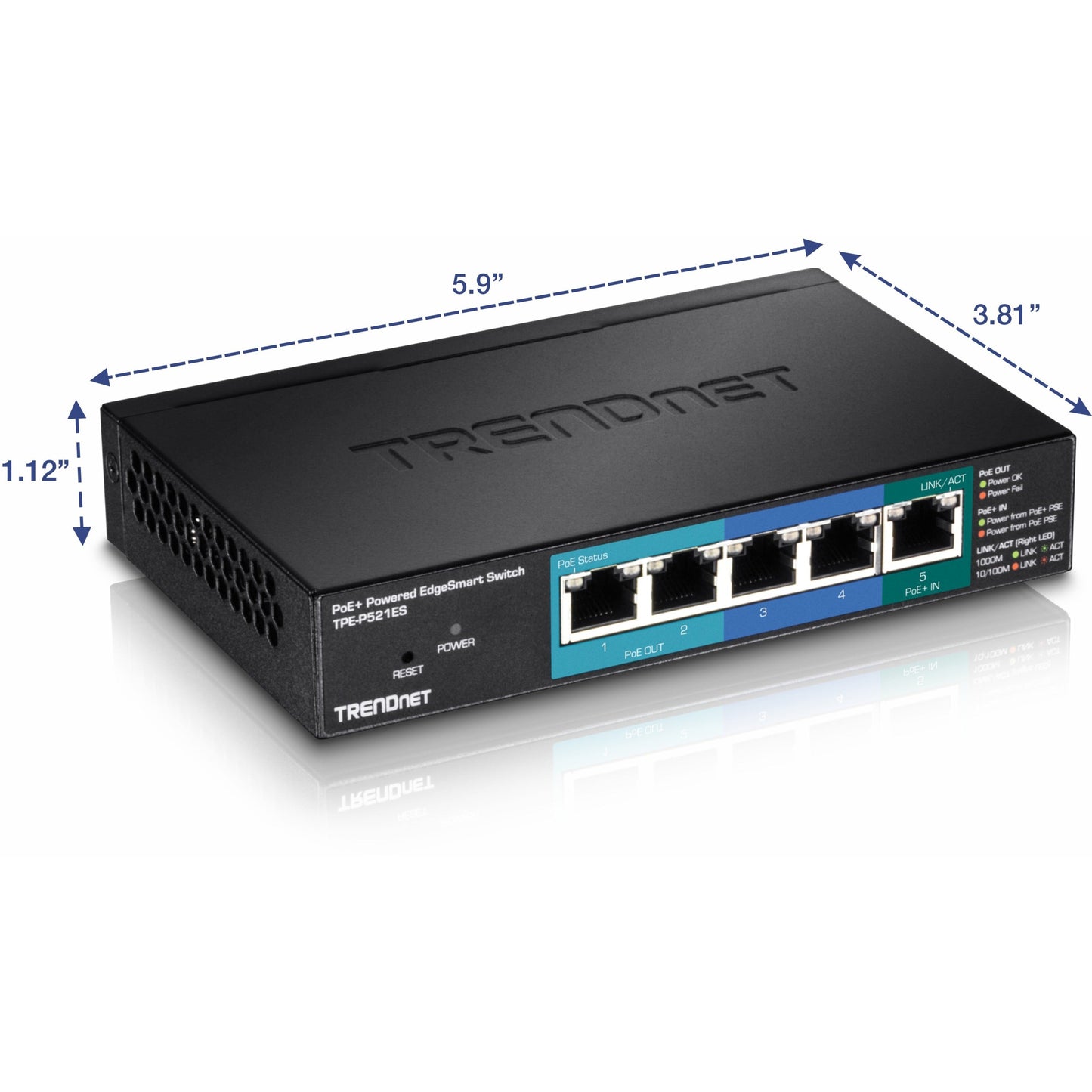 TRENDnet 5-Port Gigabit PoE+ Powered EdgeSmart Switch With PoE Pass Through 18W PoE Budget 10Gbps Switching Capacity Managed Switch Wall-Mountable Lifetime Protection Black TPE-P521ES