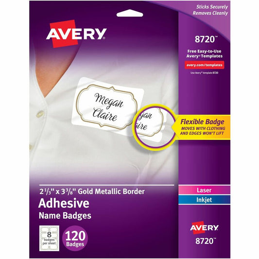 Avery&reg; Self-Adhesive Removable Name Tag Labels with Gold Metallic Border