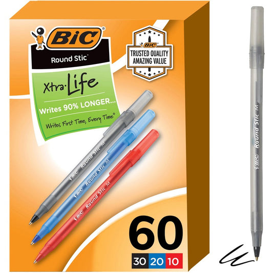 BIC Round Stic Xtra Life Ball Point Pen Assorted 60 Pack