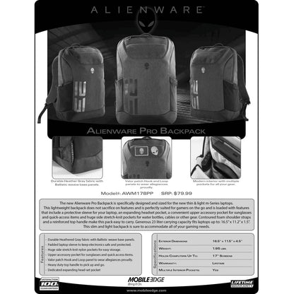 Mobile Edge Alienware Carrying Case (Backpack) for 17.1" Alienware Notebook - Gray