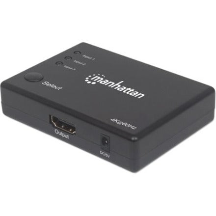 Manhattan HDMI Switch 3-Port (Compact) 4K@60Hz Connects x3 HDMI sources to x1 display Remote Control and Manual Switching (via button) AC Powered (cable 1.2m) Black Three Year Warranty Blister (With Euro 2-pin plug)