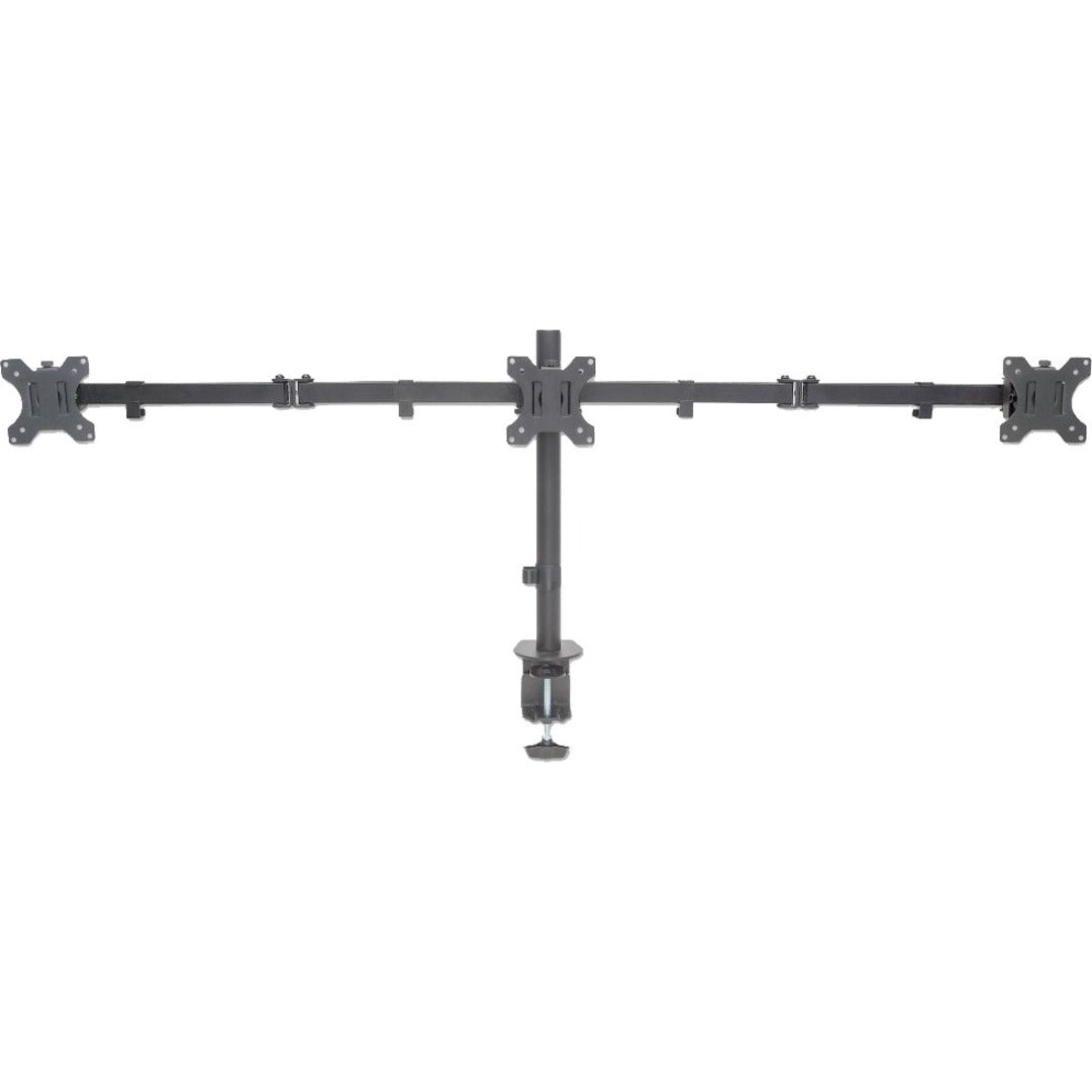 Manhattan TV & Monitor Mount Desk Double-Link Arms 3 screens Screen Sizes: 10-27"  Black Clamp Assembly Triple Screen VESA 75x75 to 100x100mm Max 7kg (each) Lifetime Warranty