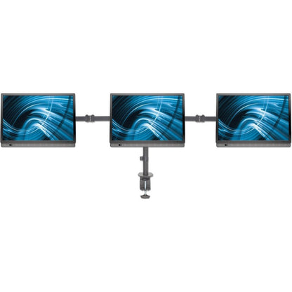 Manhattan TV & Monitor Mount Desk Double-Link Arms 3 screens Screen Sizes: 10-27"  Black Clamp Assembly Triple Screen VESA 75x75 to 100x100mm Max 7kg (each) Lifetime Warranty