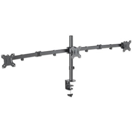 Manhattan TV & Monitor Mount Desk Double-Link Arms 3 screens Screen Sizes: 10-27"  Black Clamp Assembly Triple Screen VESA 75x75 to 100x100mm Max 7kg (each) Lifetime Warranty