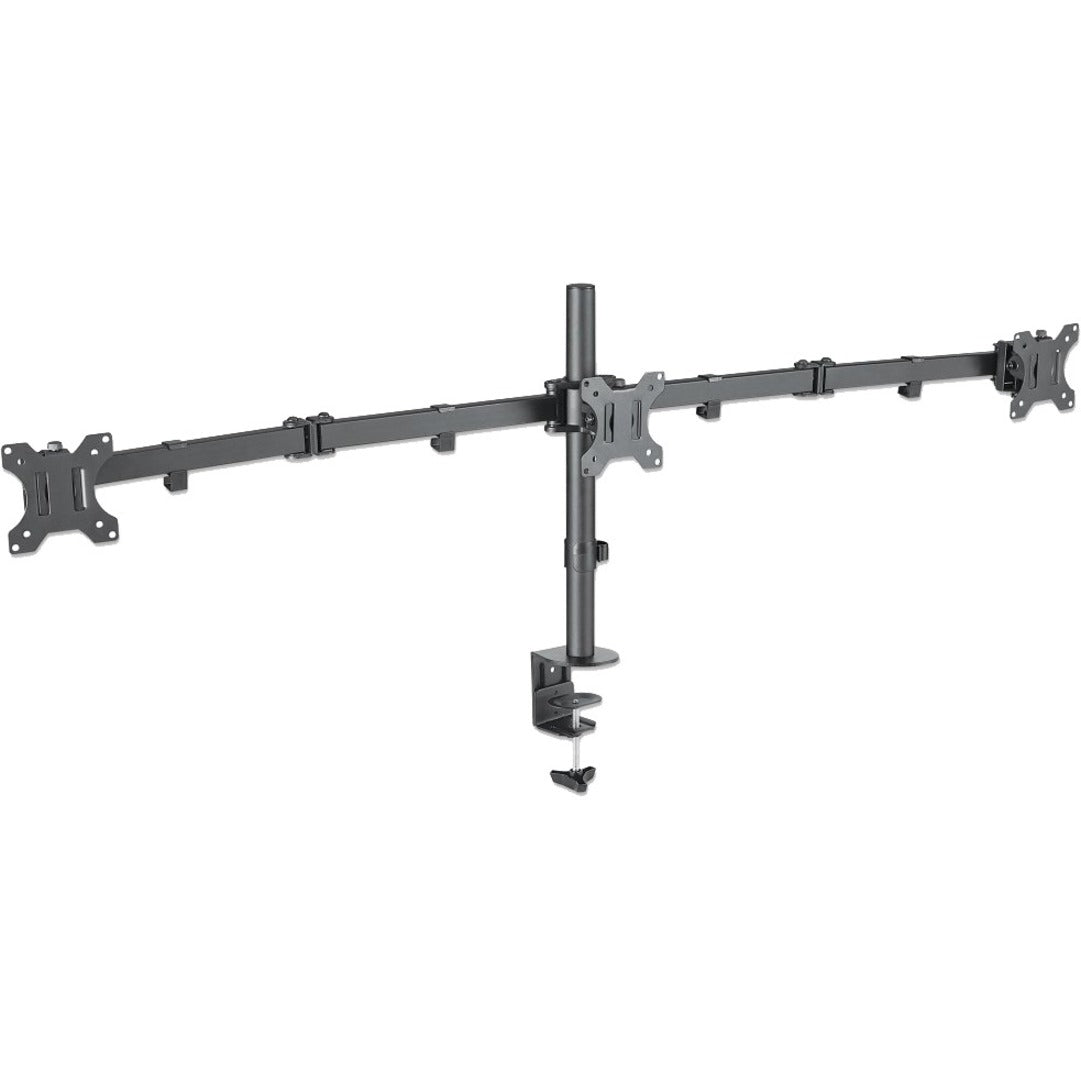 Manhattan TV & Monitor Mount Desk Double-Link Arms 3 screens Screen Sizes: 10-27"  Black Clamp Assembly Triple Screen VESA 75x75 to 100x100mm Max 7kg (each) Lifetime Warranty