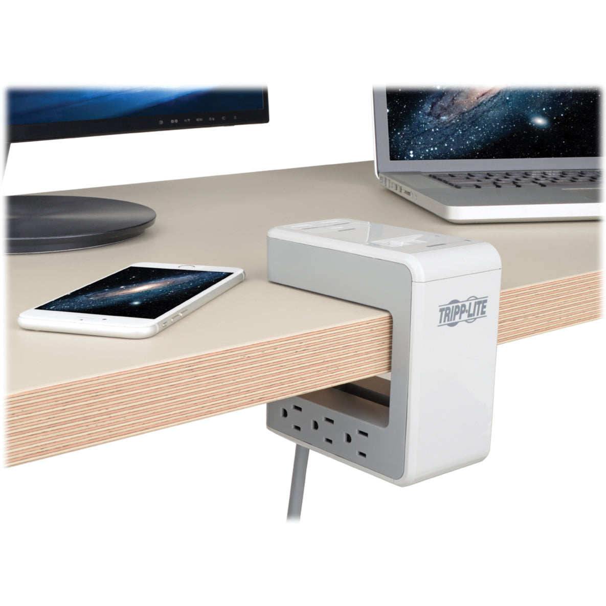 Tripp Lite 6-Outlet Surge Protector w/2 USB-A (2.4A Shared) & 1 USB-C (3A) - 8 ft. (2.43 m) Cord 1080 Joules Desk Clamp