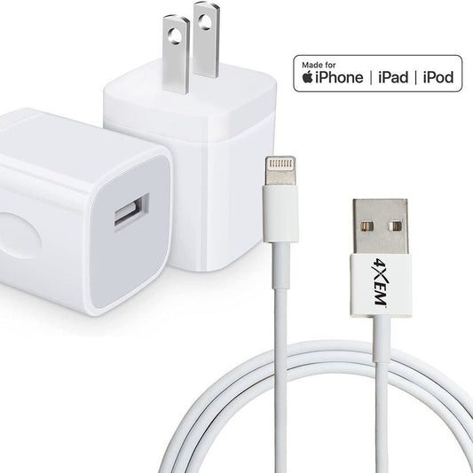 4XEM Wall Charger and 6ft Lightning Cable for Apple iPhone/iPod USB AC Power adapter - MFi Certified