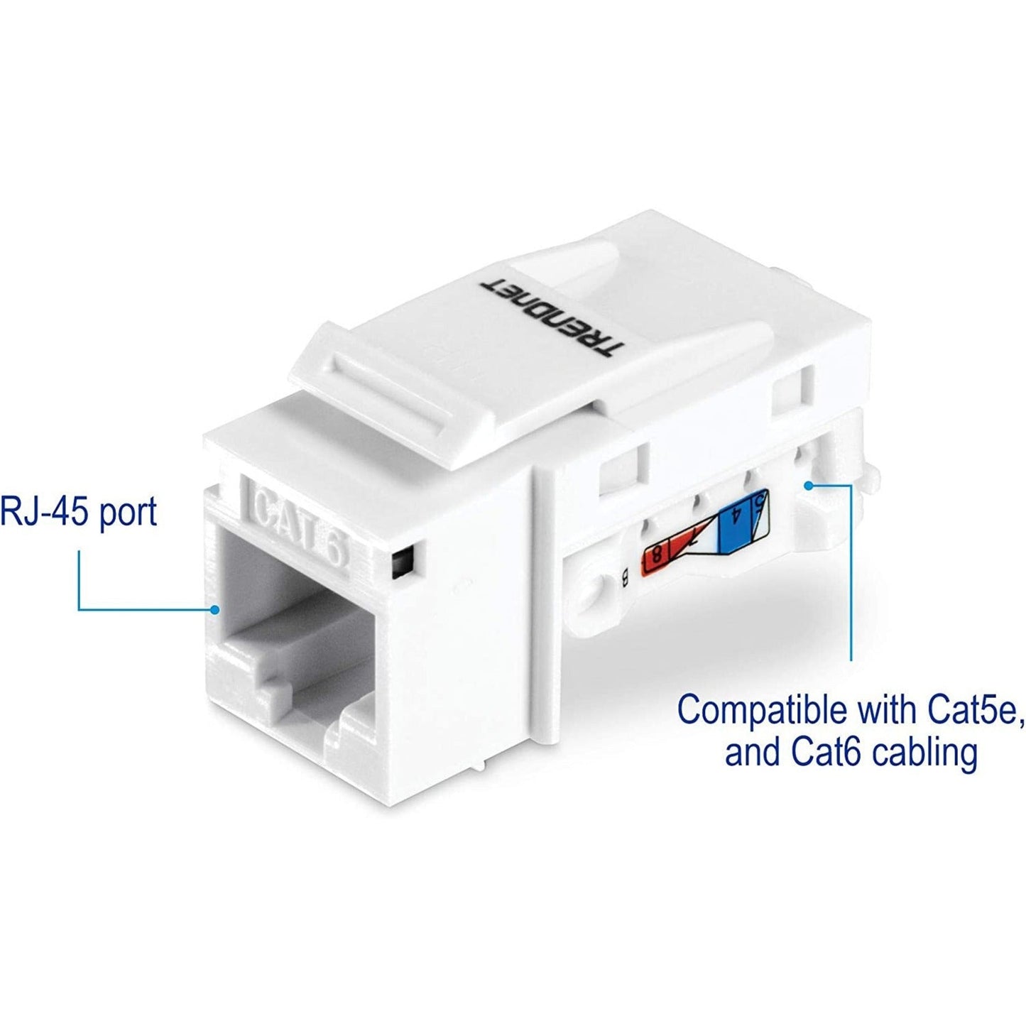 TRENDnet Cat6 Keystone Jack 25-Pack Bundle 90&deg; Angle Termination Compatible With Cat5 Cat5e Cat6 Cabling Color-Coded Labeling Gold-Plated Contacts Tool-less Design White TC-K25C6