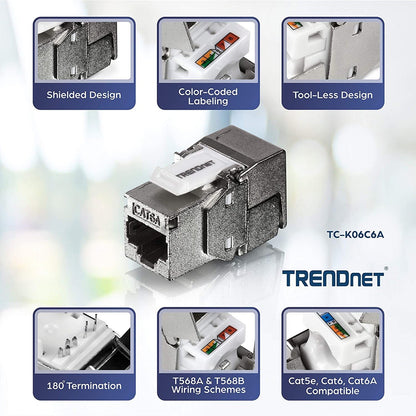 TRENDnet Shielded Cat6A Keystone Jack 6-Pack Bundle TC-K06C6A 180&deg; Angle Termination Compatible with Cat5/Cat5e/Cat6 Cabling Use w/ TC-KP24S Shielded Blank Keystone Patch Panel (sold separately)