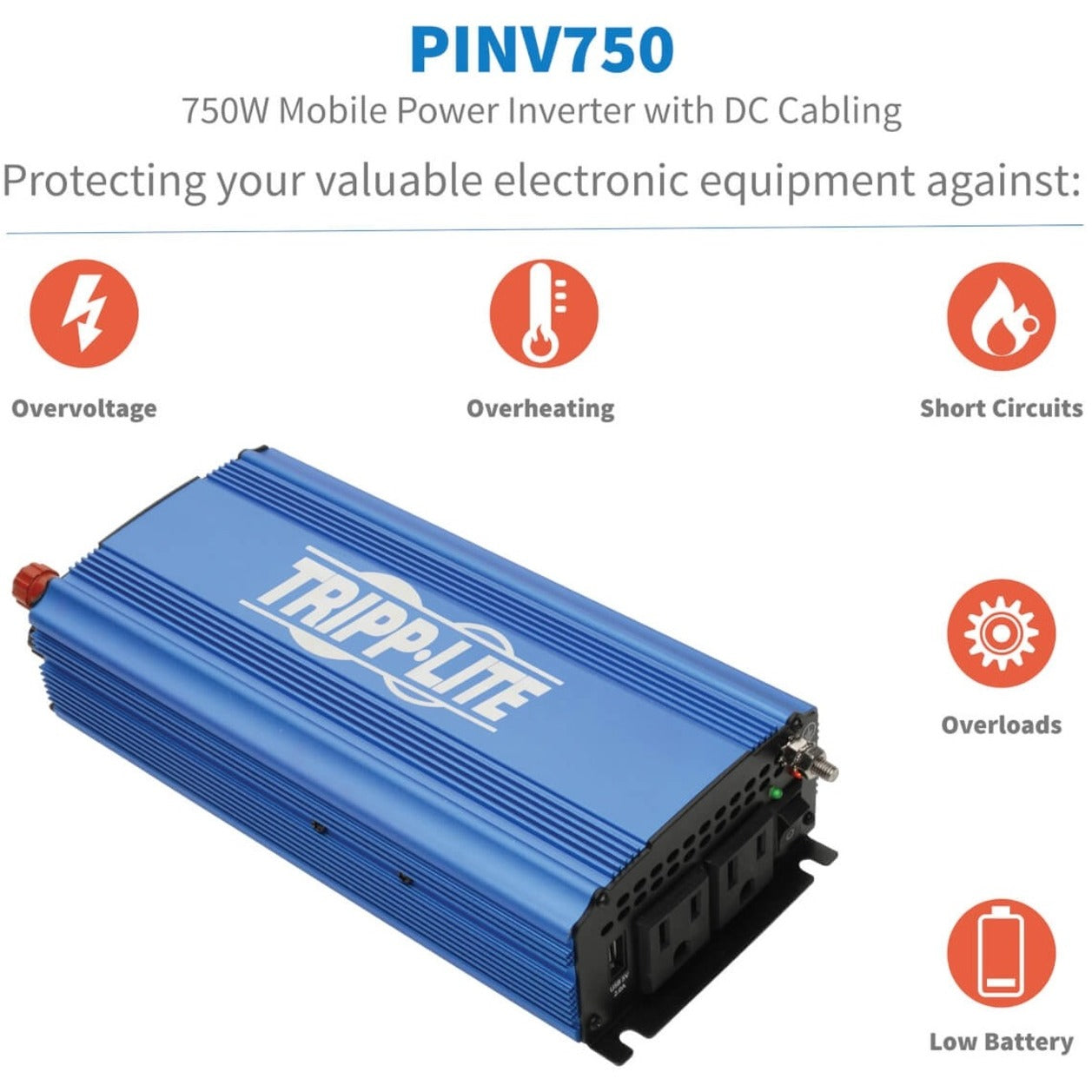 Tripp Lite 750W Light-Duty Compact Power Inverter with 2 AC/1 USB 2.0A/Battery Cables Mobile