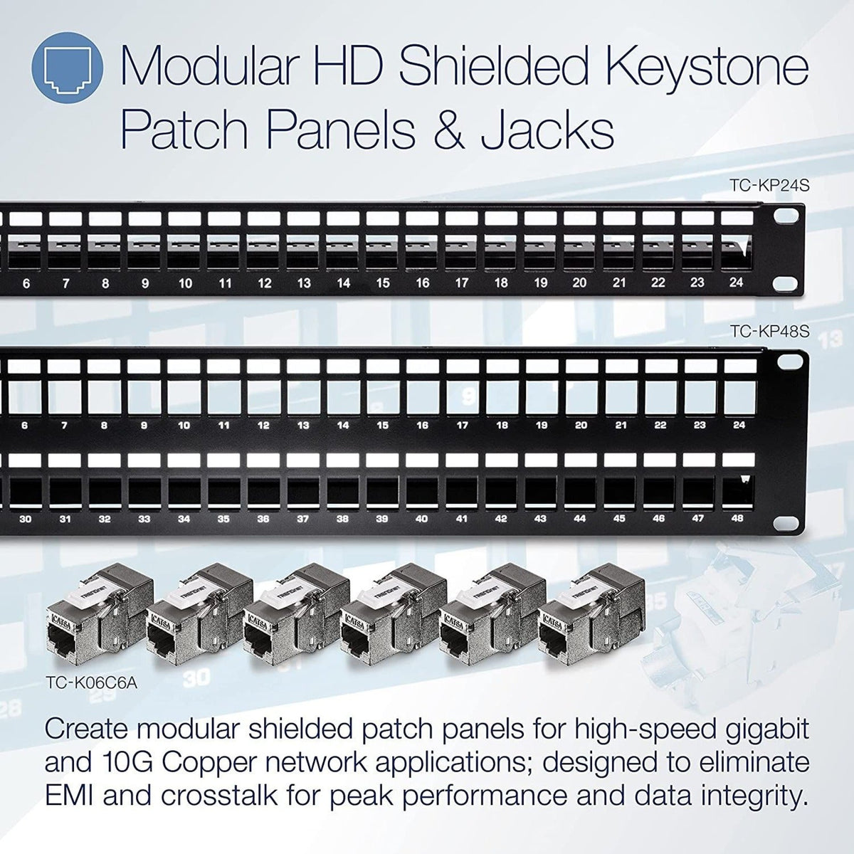 TRENDnet 24-Port Blank Keystone Shielded 1U Patch Panel 1U 19" Rackmount Housing Protects Against EMI/RFI Noise Recommended With TC-K06C6A Cat6A Keystone Jacks (Sold Separately) Black TC-KP24S