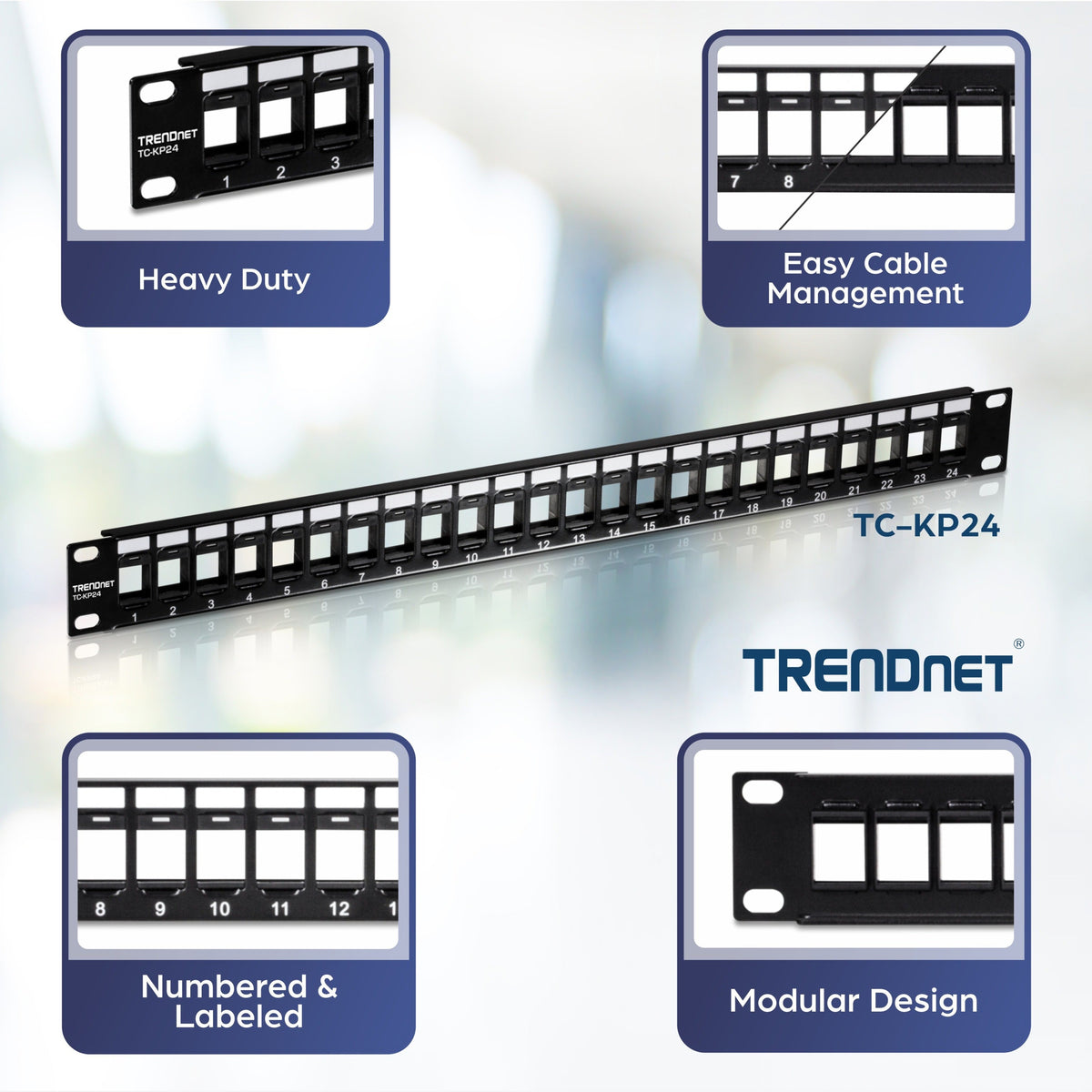 TRENDnet 24-Port Blank Keystone 1U Patch Panel 1U 19" Metal Rackmount Housing Recommended With TC-K25C6 & TC-K50C6 Cat6 Keystone Jacks (Sold Separately) Black TC-KP24