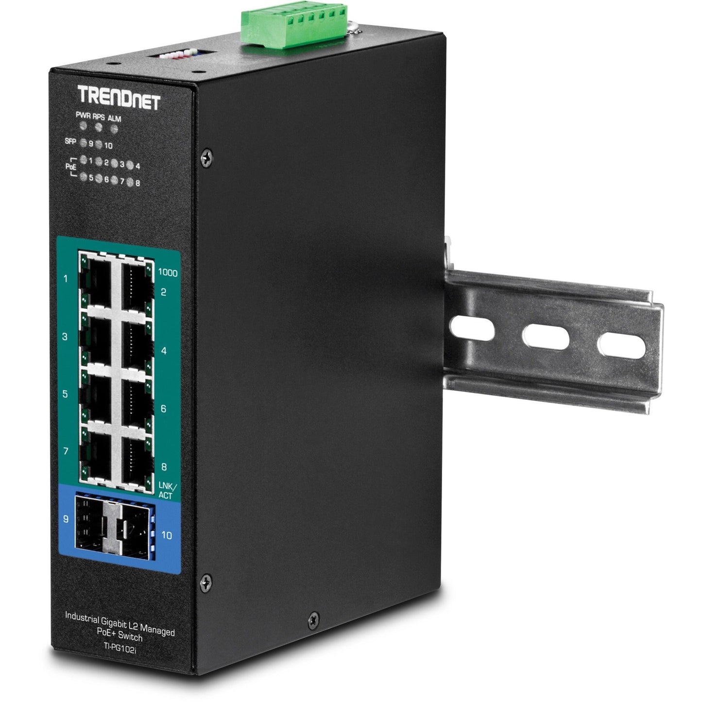 TRENDnet 10-Port Industrial Gigabit L2 Managed PoE+ DIN-Rail Switch 8 x Gigabit PoE+ Ports DIN-Rail Mount 2 x SFP Slots 24?57V DC Power Input IP30 VLAN Lifetime Protection Black TI-PG102i
