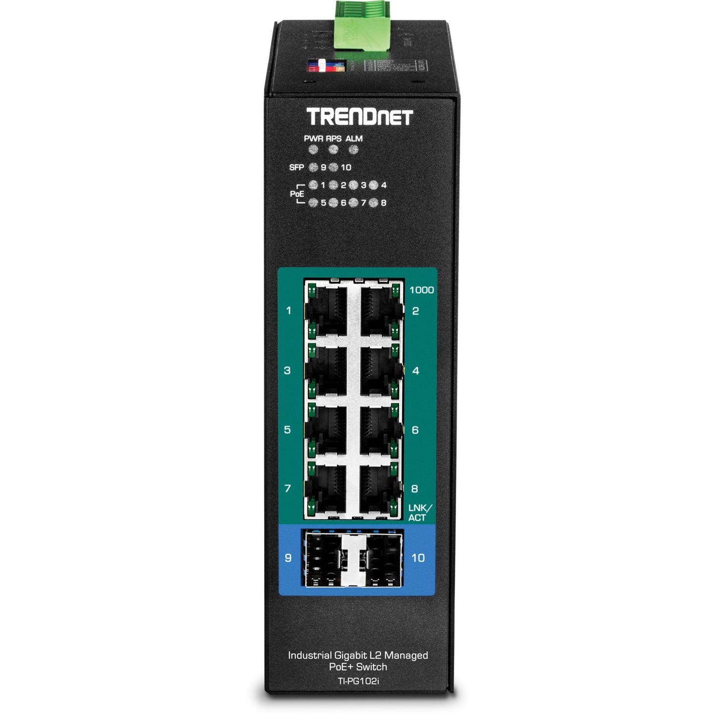 TRENDnet 10-Port Industrial Gigabit L2 Managed PoE+ DIN-Rail Switch 8 x Gigabit PoE+ Ports DIN-Rail Mount 2 x SFP Slots 24?57V DC Power Input IP30 VLAN Lifetime Protection Black TI-PG102i
