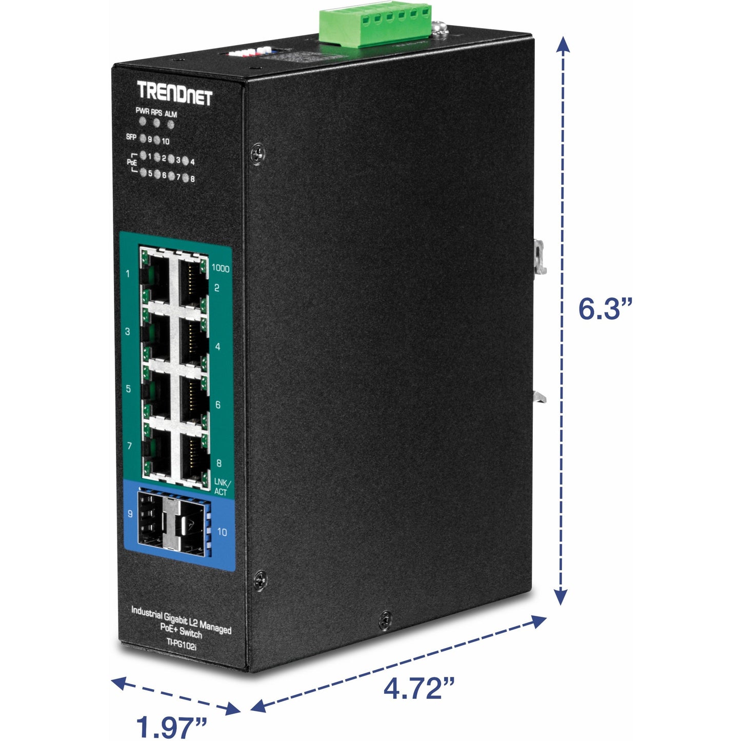 TRENDnet 10-Port Industrial Gigabit L2 Managed PoE+ DIN-Rail Switch 8 x Gigabit PoE+ Ports DIN-Rail Mount 2 x SFP Slots 24?57V DC Power Input IP30 VLAN Lifetime Protection Black TI-PG102i