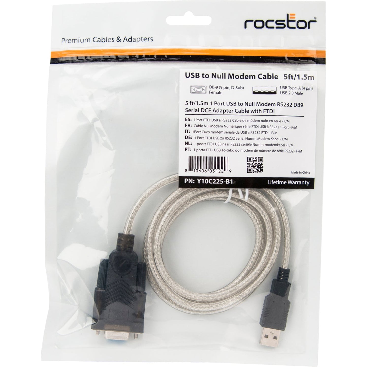 Rocstor Premium 5ft 1 Port USB to Null Modem RS232 DB9 Serial DCE Adapter Cable with FTDI - 1 x DB-9 Female Serial - 1 x USB Type A Male - Black - RS232 Serial Adapter