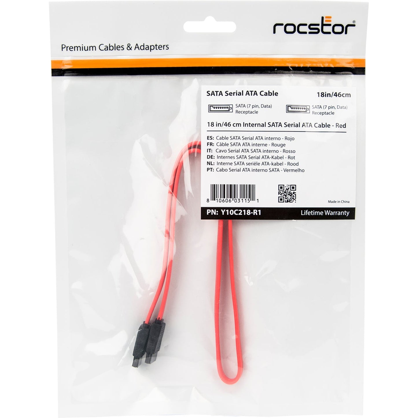 Rocstor Premium 18in SATA Serial ATA Cable - SATA - 18in - 1 x Female SATA - 1 x Female SATA - Red