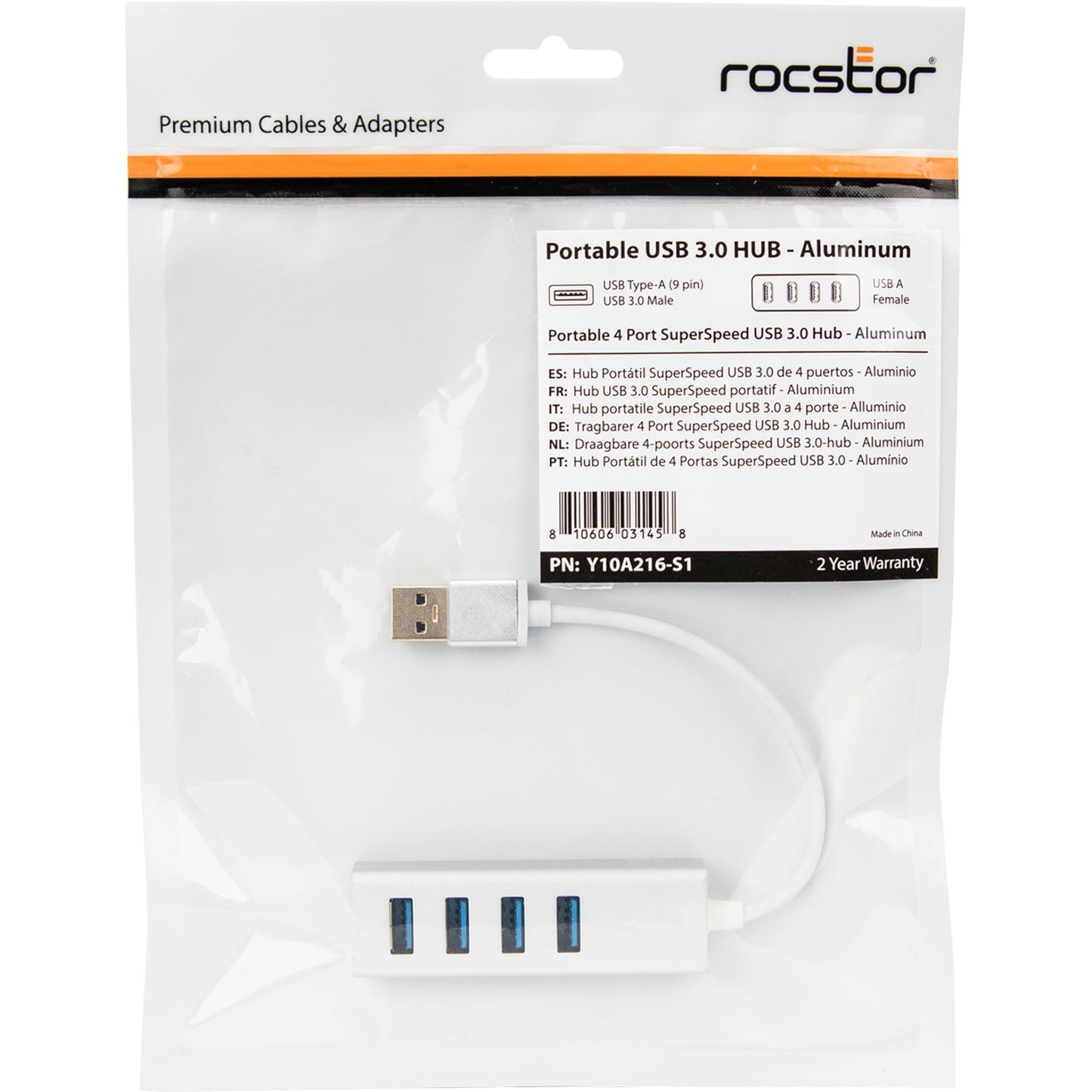 Rocstor Premium Portable 4 Port SuperSpeed Mini USB 3.0 Hub - Aluminum Silver - USB - External - 4 USB Ports Female - 4 USB 3.0 Ports - PC Mac - 6 in Mini Hub with Built-in SuperSpeed Cable 5Gbps