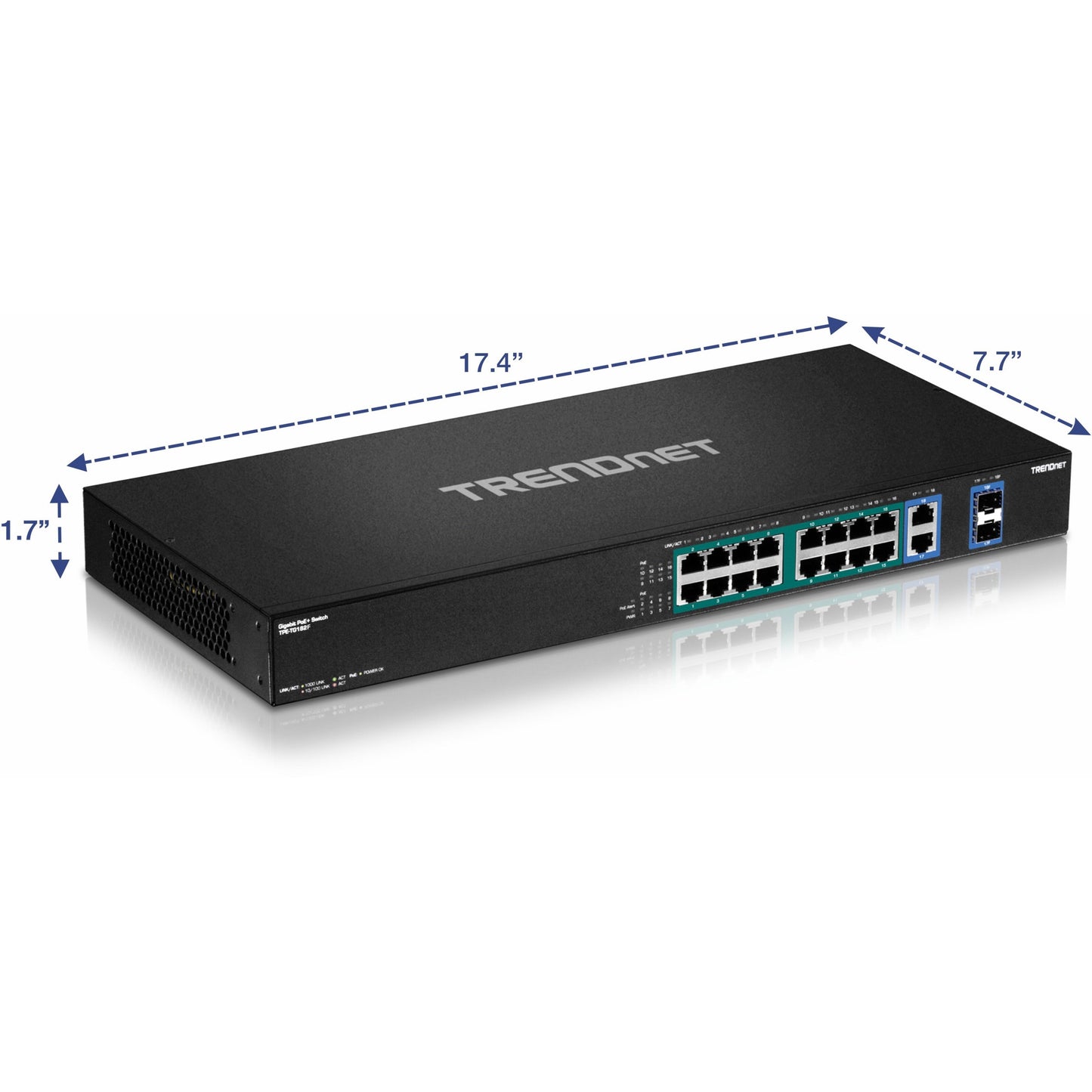 TRENDnet 18-Port Gigabit High Power Poe+ Switch; 16 X Gigabit Poe+ Ports; 2 X Shared Gigabit Ports; 36Gbps Switching Capacity; 440W PoE Power Budget; TPE-TG182F