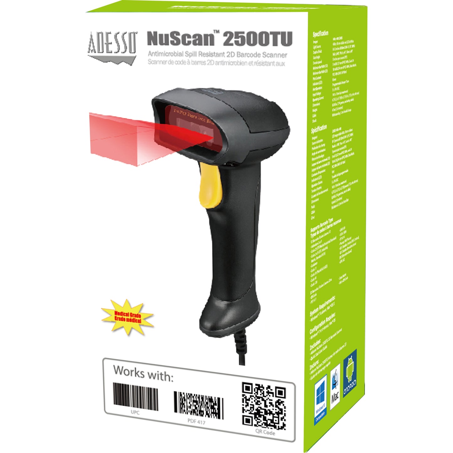 Adesso NuScan 2500TU Spill Resistant Antimicrobial 2D Barcode Scanner