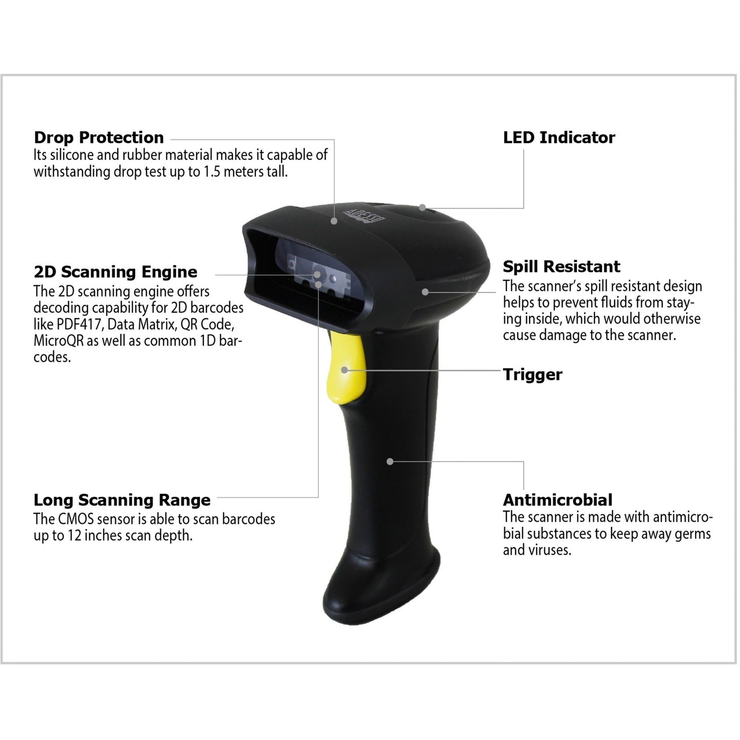 Adesso NuScan 2500TU Spill Resistant Antimicrobial 2D Barcode Scanner