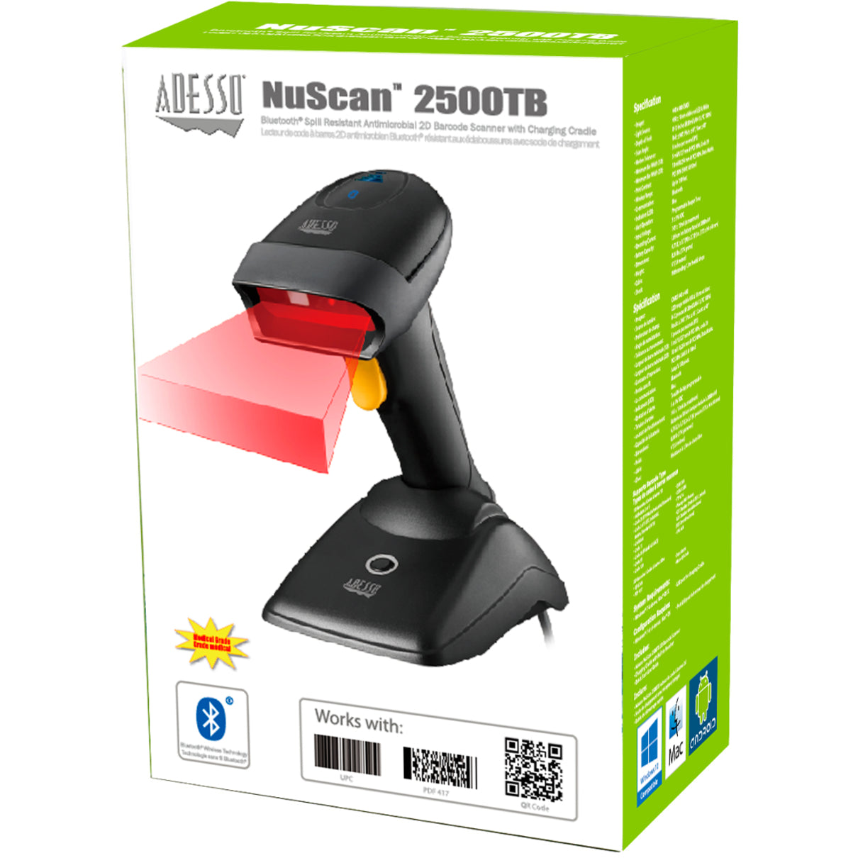 Adesso NUSCAN 2500TB Bluetooth Spill Resistant Antimicrobial 2D Barcode Scanner