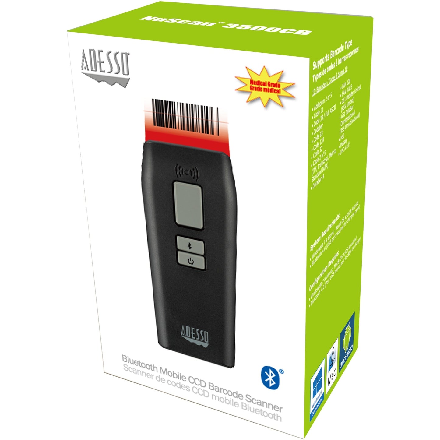 Adesso NuScan 3500TB Bluetooth Antimicrobial Waterproof 2D Barcode Scanner