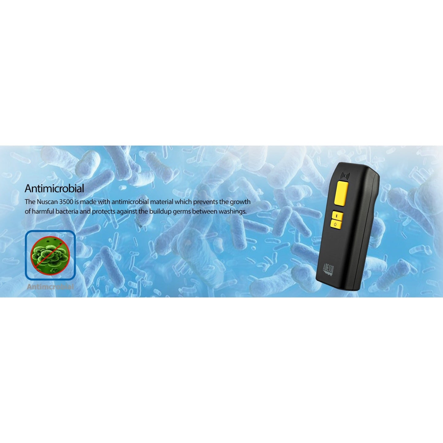 Adesso NuScan 3500TB Bluetooth Antimicrobial Waterproof 2D Barcode Scanner