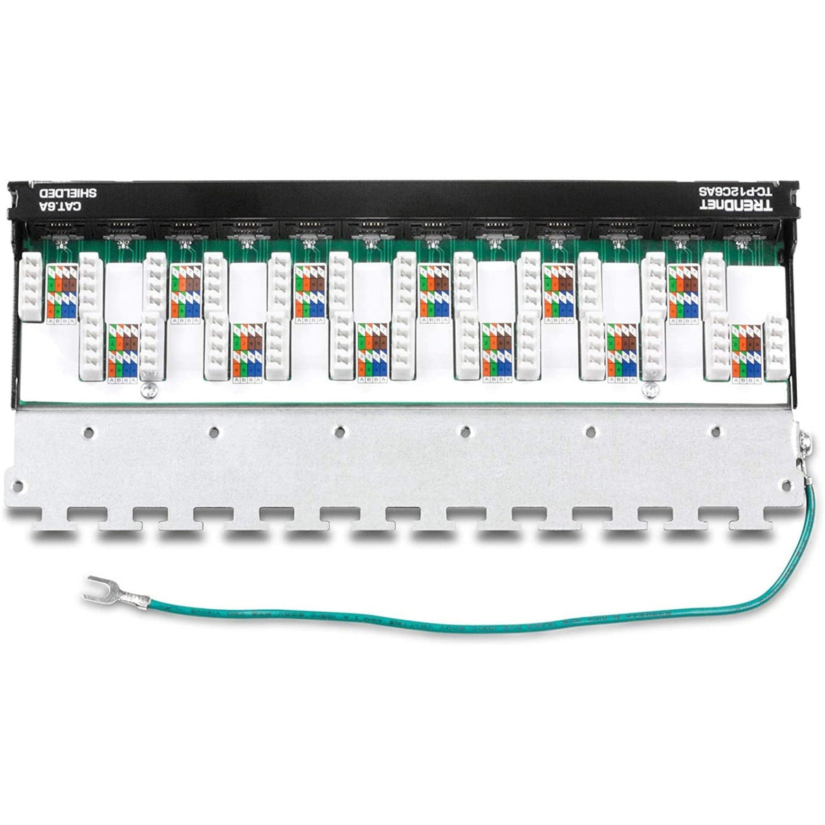 TRENDnet 12-Port Cat6A Shielded Patch Panel 10G Ready Cat5eCat6Cat6A Compatible Metal Housing Color-Coded Labeling For T568A And T568B Wiring Cable Management Wall Mountable Black TC-P12C6AS