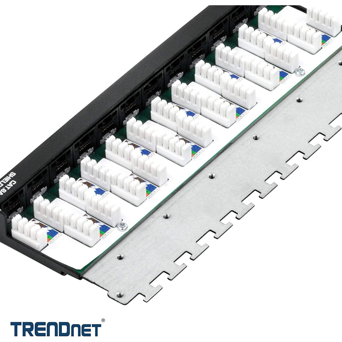 TRENDnet 12-Port Cat6A Shielded Patch Panel 10G Ready Cat5eCat6Cat6A Compatible Metal Housing Color-Coded Labeling For T568A And T568B Wiring Cable Management Wall Mountable Black TC-P12C6AS