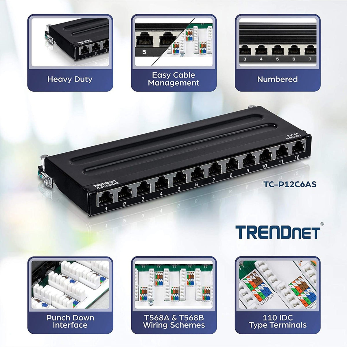 TRENDnet 12-Port Cat6A Shielded Patch Panel 10G Ready Cat5eCat6Cat6A Compatible Metal Housing Color-Coded Labeling For T568A And T568B Wiring Cable Management Wall Mountable Black TC-P12C6AS