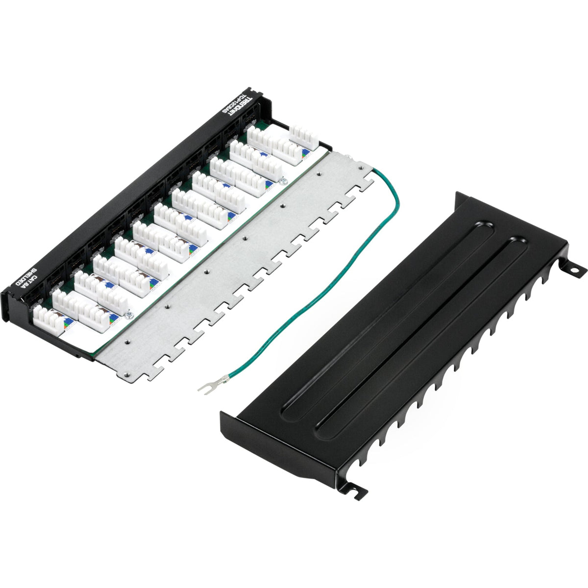 TRENDnet 12-Port Cat6A Shielded Patch Panel 10G Ready Cat5eCat6Cat6A Compatible Metal Housing Color-Coded Labeling For T568A And T568B Wiring Cable Management Wall Mountable Black TC-P12C6AS
