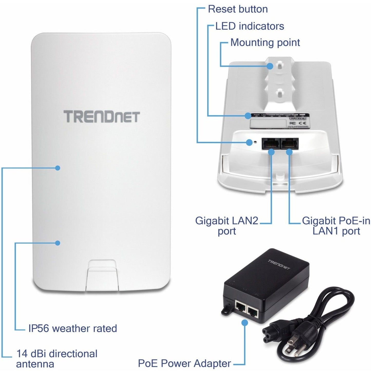 TRENDnet 14 DBI WiFi AC867 Outdoor Poe Preconfigured Point-to-Point Bridge Kit; 4 DBI Directional Antennas; for Point-to-Point WiFi Bridging Applications; 5GHz; AC867; TEW-840APBO2K