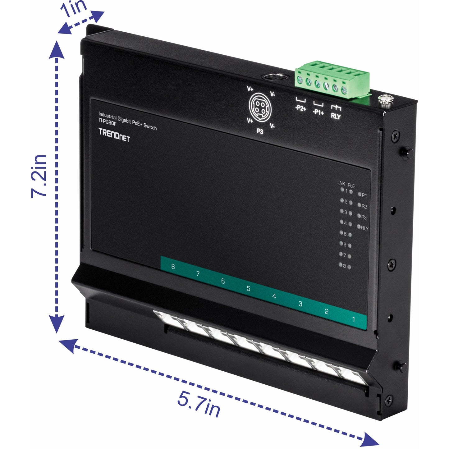 TRENDnet 8-Port Industrial Gigabit Poe+ Wall-Mounted Front Access Switch; 8X Gigabit Poe+ Ports; DIN-Rail Mount; 48 ?57V DC Power Input; IP30; 200W Poe Budget;Lifetime Protection; TI-PG80F