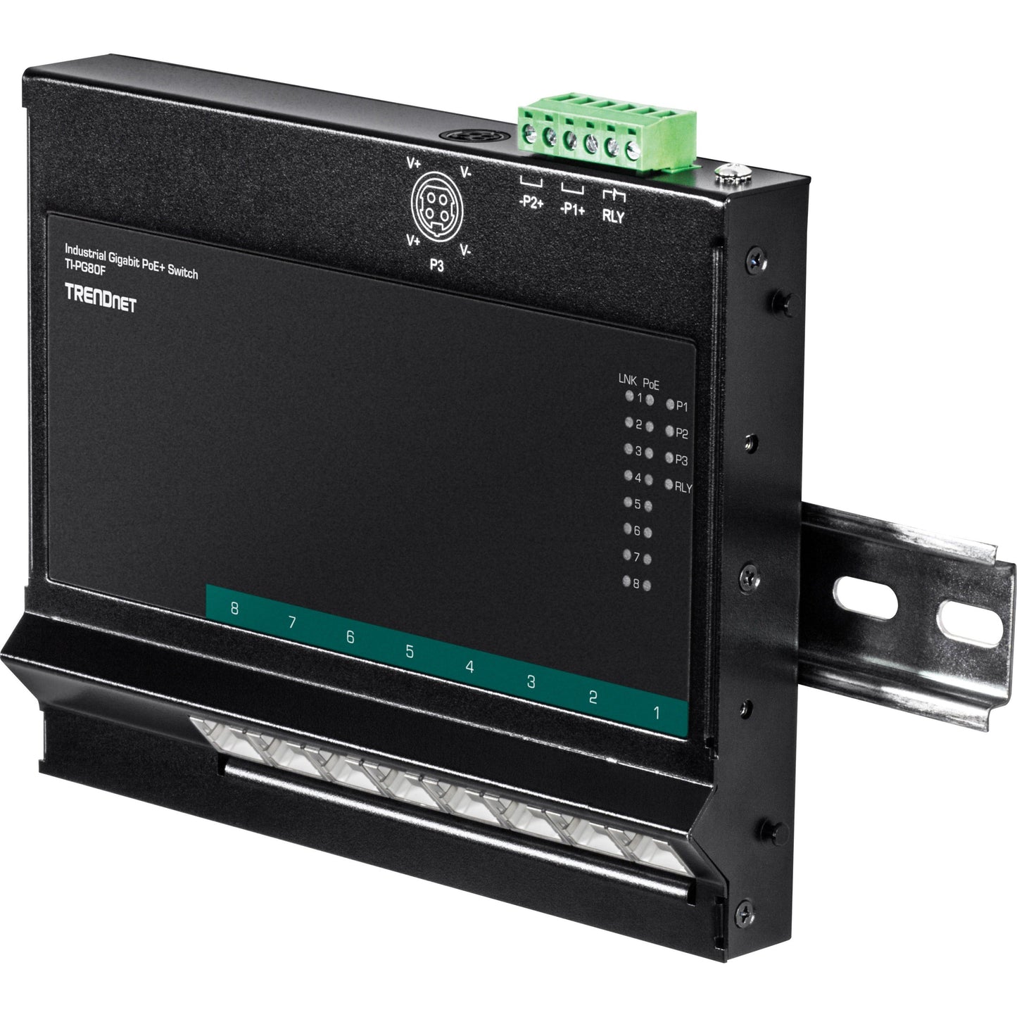 TRENDnet 8-Port Industrial Gigabit Poe+ Wall-Mounted Front Access Switch; 8X Gigabit Poe+ Ports; DIN-Rail Mount; 48 ?57V DC Power Input; IP30; 200W Poe Budget;Lifetime Protection; TI-PG80F
