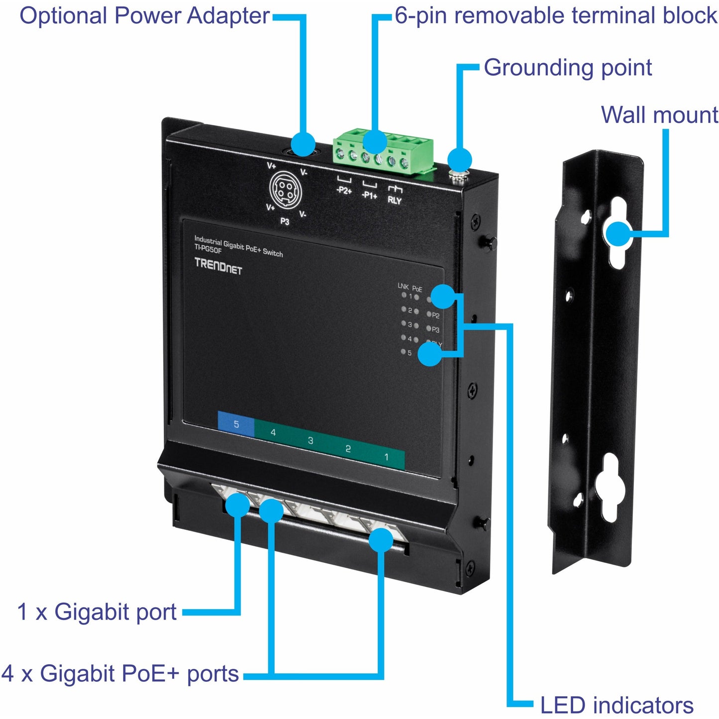 TRENDnet 5-Port Industrial Gigabit Poe+ Wall-Mounted Front Access Switch; 5X Gigabit Poe+ Ports; DIN-Rail Mount; 48 ?57V DC Power Input; IP30; 120W Poe Budget;Lifetime Protection; TI-PG50F