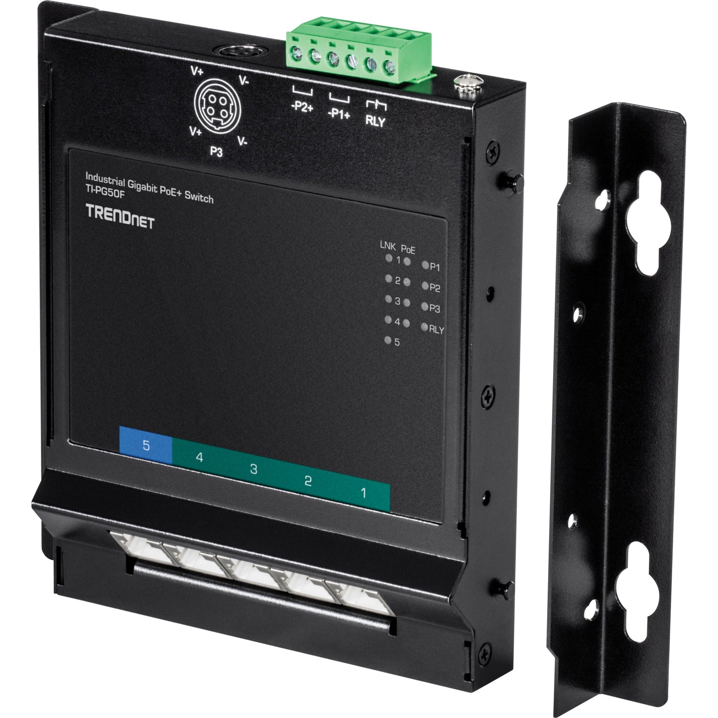 TRENDnet 5-Port Industrial Gigabit Poe+ Wall-Mounted Front Access Switch; 5X Gigabit Poe+ Ports; DIN-Rail Mount; 48 ?57V DC Power Input; IP30; 120W Poe Budget;Lifetime Protection; TI-PG50F