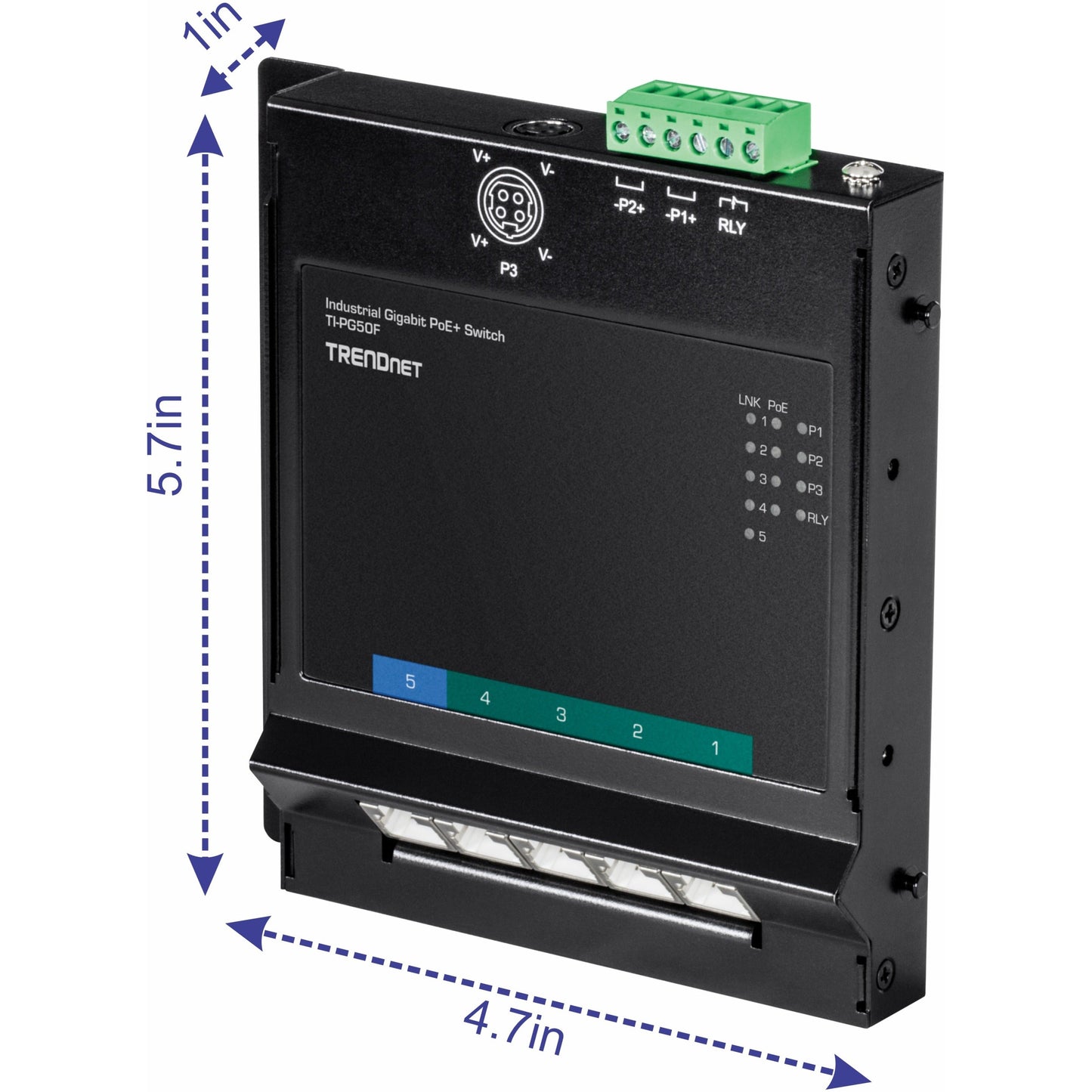 TRENDnet 5-Port Industrial Gigabit Poe+ Wall-Mounted Front Access Switch; 5X Gigabit Poe+ Ports; DIN-Rail Mount; 48 ?57V DC Power Input; IP30; 120W Poe Budget;Lifetime Protection; TI-PG50F