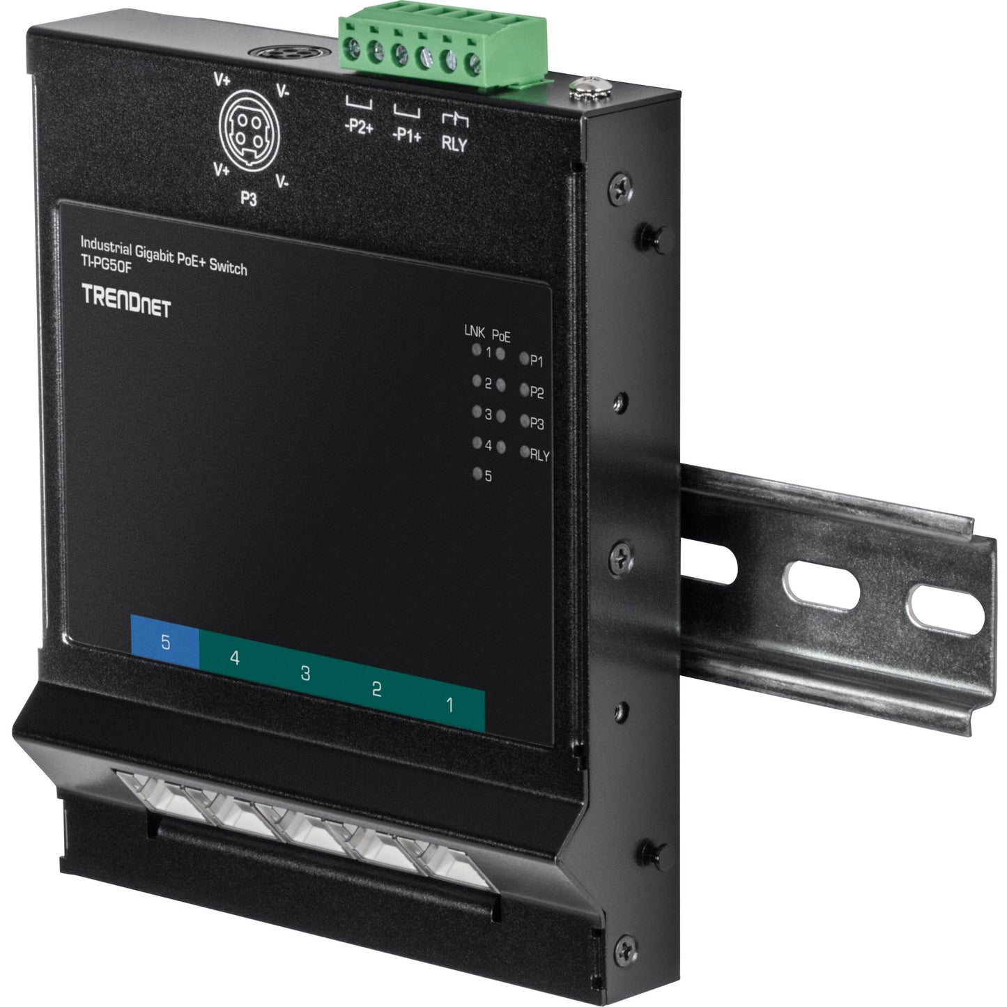 TRENDnet 5-Port Industrial Gigabit Poe+ Wall-Mounted Front Access Switch; 5X Gigabit Poe+ Ports; DIN-Rail Mount; 48 ?57V DC Power Input; IP30; 120W Poe Budget;Lifetime Protection; TI-PG50F