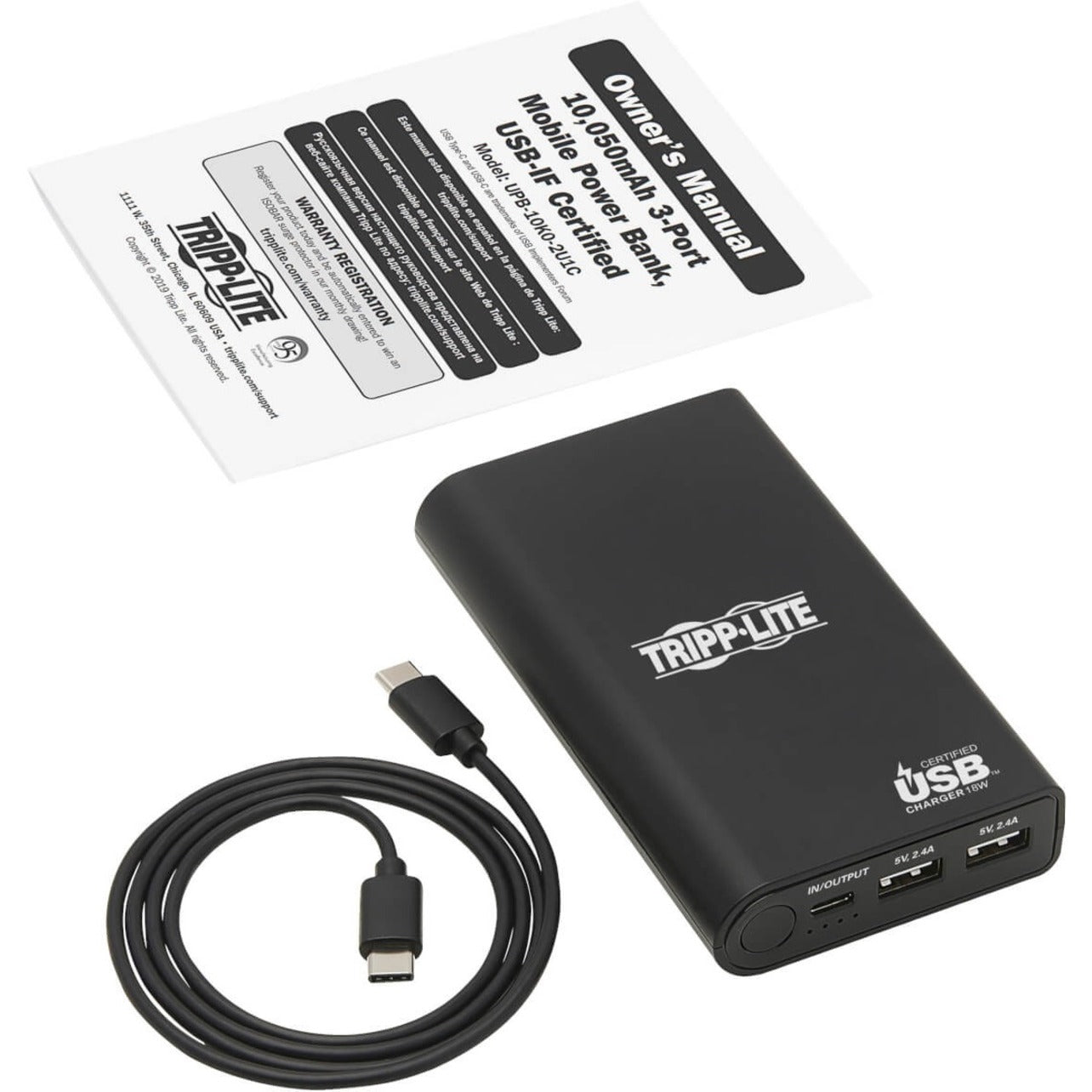 Tripp Lite Portable Charger 2x USB-A USB-C with PD Charging 10050mAh Power Bank Lithium-Ion USB-IF Black