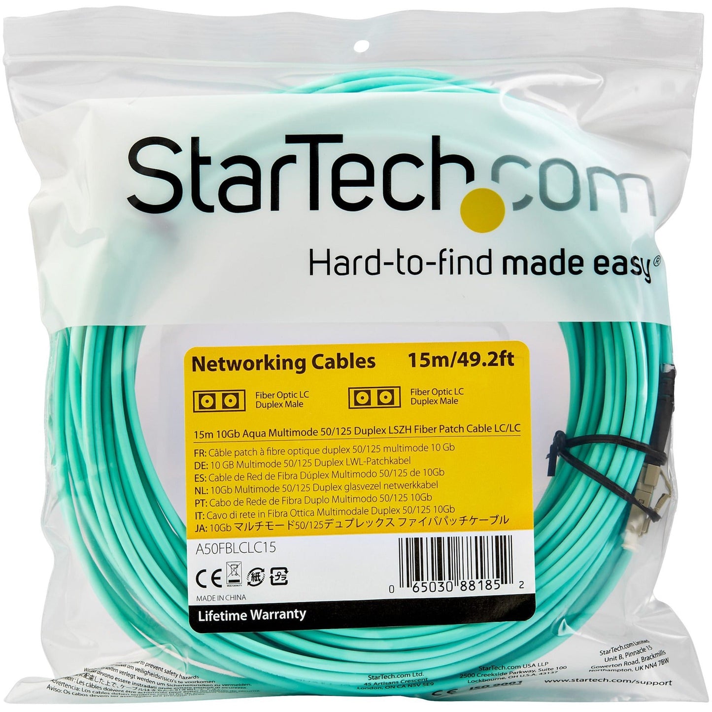 StarTech.com 15m (50ft) LC/UPC to LC/UPC OM3 Multimode Fiber Optic Cable Full Duplex Zipcord Fiber 100Gbps LOMMF LSZH Fiber Patch Cord