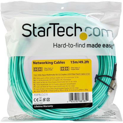 StarTech.com 15m (50ft) LC/UPC to LC/UPC OM3 Multimode Fiber Optic Cable Full Duplex Zipcord Fiber 100Gbps LOMMF LSZH Fiber Patch Cord
